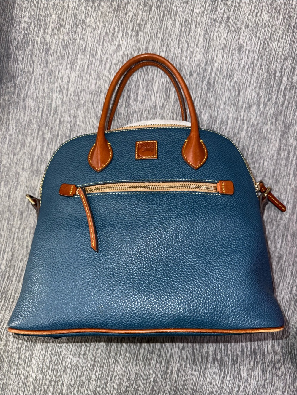 Dooney & Bourke Teal Pebble Leather Satchel with Tan Trim